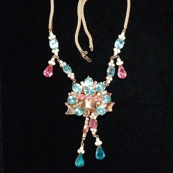 Vintage 1920s Art Deco Couture Rose Gold Aquamarine Crystal Fringe Necklace - Picture 9 of 12